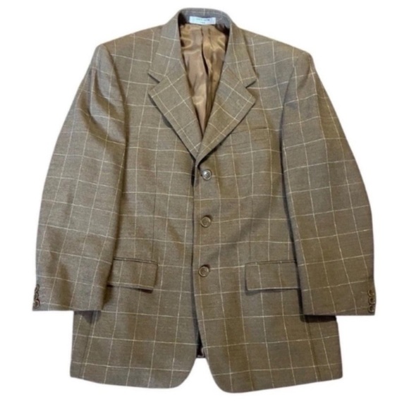 Mens Blazer Windowpane Brown White Check 40S Double Vent Worsted Wool Coat - Picture 1 of 9